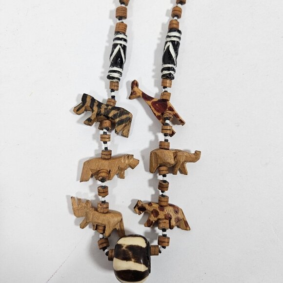 Handmade African Style Wild Animal Wood Beaded Single Loop Necklace 26" - Picture 5 of 6